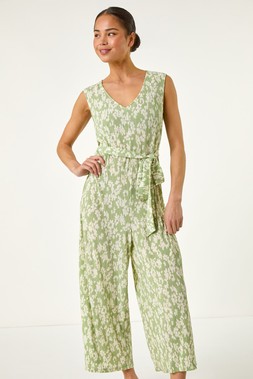 Roman Petite Sage Floral Crinkle Crop Jumpsuit