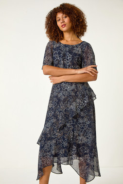 Roman Navy Floral Spot Print Frill Midi Dress