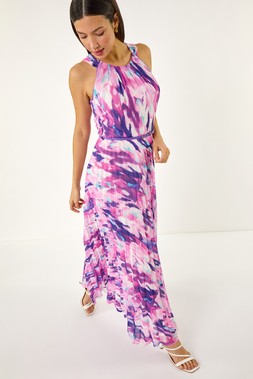 Roman Blurred Print Pleated Maxi Dress