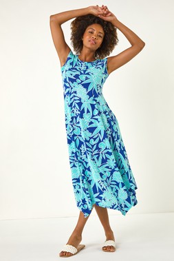 Roman Royal Blue Floral Puff Print Stretch Maxi Dress