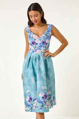 Roman Sage Sweetheart Floral Midi Dress