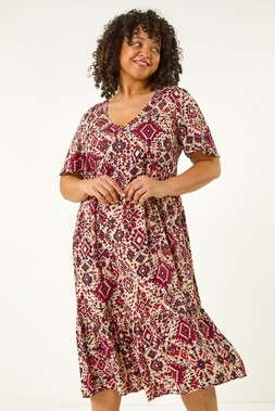 Roman Curve Maroon Ikat Print Tiered Dress