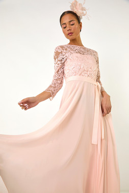 Roman Petite Light Pink Lace Bodice Tie Waist Dress