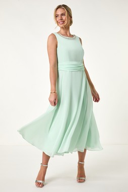 Roman Petite Mint Neck Trim Ruched Midi Dress