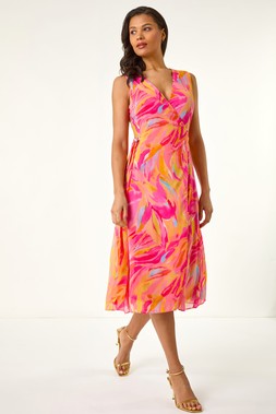 Roman Pink Floral Midi Wrap Dress