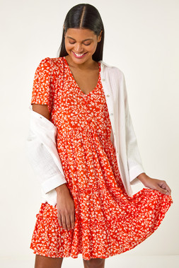 Roman Orange Floral Print V-Neck Smock Dress