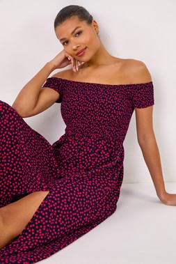 Roman Pink Spot Print Shirred Bardot Maxi Dress