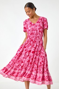 Roman Petite Pink Floral Border Midi Dress