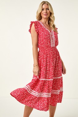 Roman Petite Red Floral Print Ric Rac Midi Dress