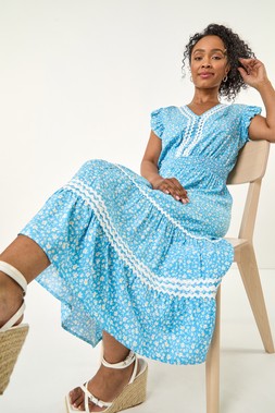 Roman Petite Turquoise Floral Print Ric Rac Midi Dress