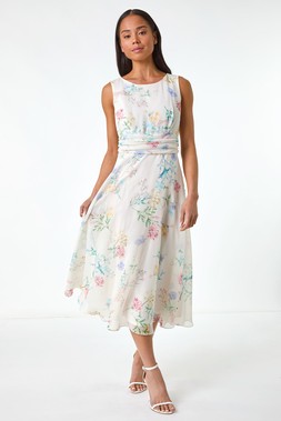 Roman Petite Ivory Floral Gathered Waist Midi Dress