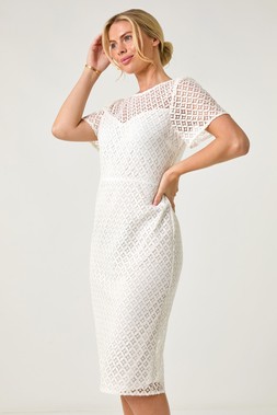 Roman Petite Ivory Lace Short Sleeve Dress