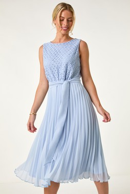 Roman Petite Blue Lace Pleat Midi Dress