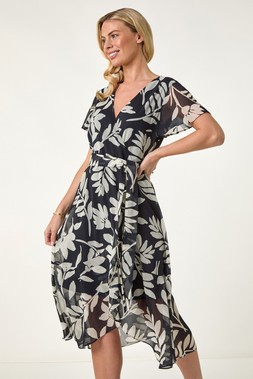 Roman Petite Navy Floral Wrap Tie Waist Dress