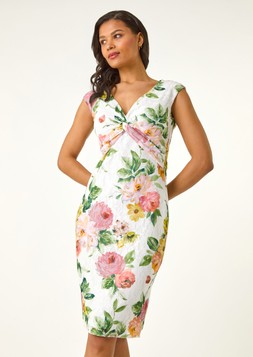 Roman Peach Rose Print Lace Knot Stretch Dress