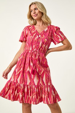 Roman Petite Coral Ikat Print V-Neck Frill Hem Dress