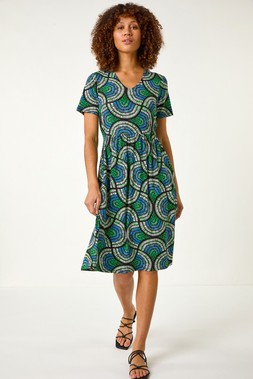Roman Blue Abstract Print Jersey Midi Dress
