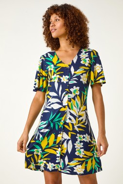 Roman Yellow Leaf Button Detail Tea Dress