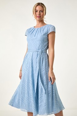 Roman Petite Blue Jacquard Gathered Neck Dress
