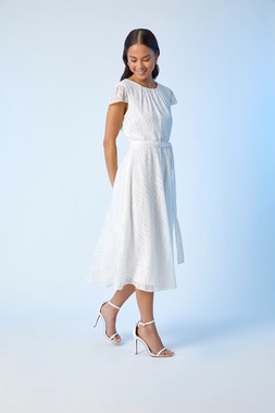 Roman Petite White Gathered Neck Jacquard Dress