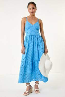 Roman Petite Light Blue Broderie Strappy Maxi Dress