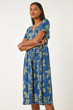 Roman Denim Leaf Print Stretch Midi Dress