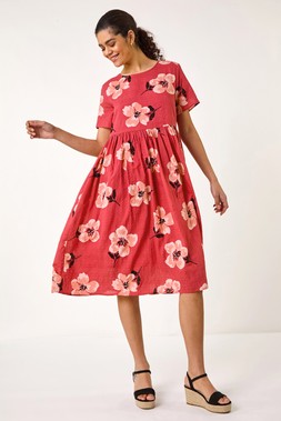 Roman Pink Floral Smock Midi Dress