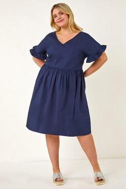 Roman Curve Navy Frill Sleeve Woven Dress