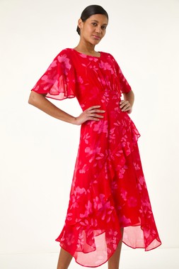 Roman Red Floral Frill Midi Dress