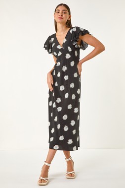 Roman Floral Print Frill Midi Dress
