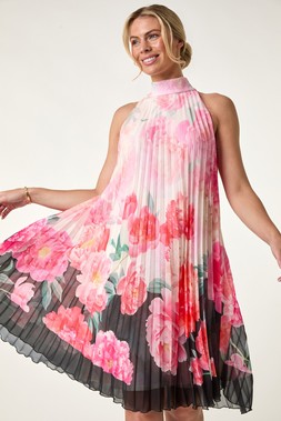 Roman Petite Coral Floral Halter Pleat Dress