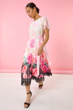 Roman Petite Floral Floral Pleated Midi Dress
