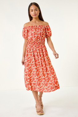 Roman Petite Coral Ditsy Bardot Midi Dress