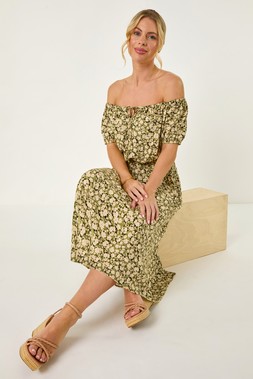 Roman Petite Ditsy Print Bardot Midi Dress