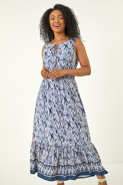 Roman Petite Aztec Print Frill Midi Dress