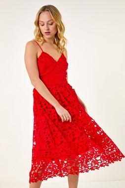 Roman Dusk Crochet V-Neck Cami Midi Dress