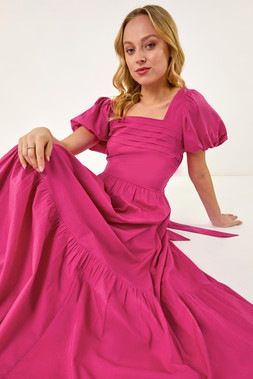 Roman Dusk Cotton Pleated Puff Midi Dress