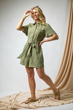 Roman Petite Khaki Button Front Tie Playsuit
