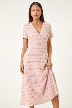 Roman Petite Light Pink Wrap Ruffle Midi Dress