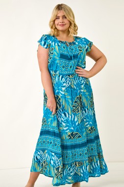 Roman Curve Blue Tropical Tie Neck Dress