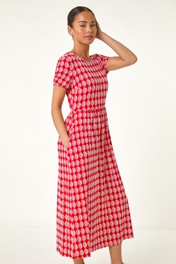 Roman Petite Red Geometric Spot Pocket Midi Dress