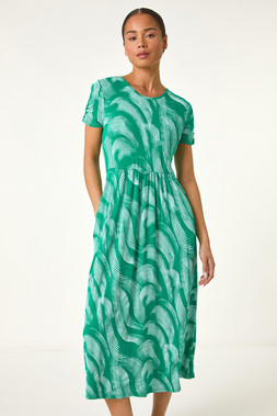 Roman Petite Green Swirl Print Pocket Midi Dress