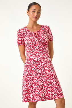 Roman Petite Red Ditsy Floral Tie Dress