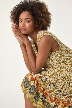 Roman Leaf Print Button Smock Dress
