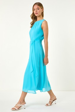 Roman Chiffon Pleat Neck Midi Dress