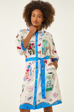 Roman Blue Motif Print Tie Waist Shirt Dress