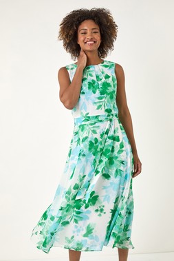 Roman Floral Pleated Neck Midi Dress