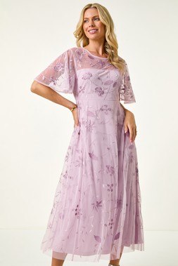 Roman Petite Lavender Embroidered Mesh Midi Dress