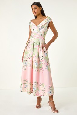 Roman Pink Floral Print Bardot Midi Stretch Dress