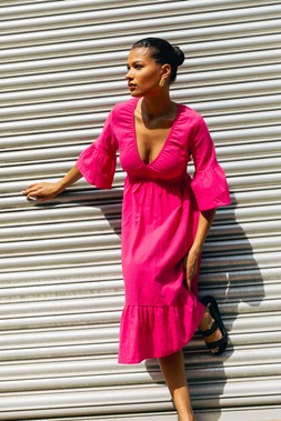 Roman Linen Look Shirred Midi Dress